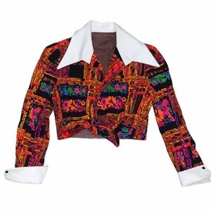 Vintage 1960s Long Sleeve Crop Top Peter Pan Collar Multicolor Tie Front Blouse